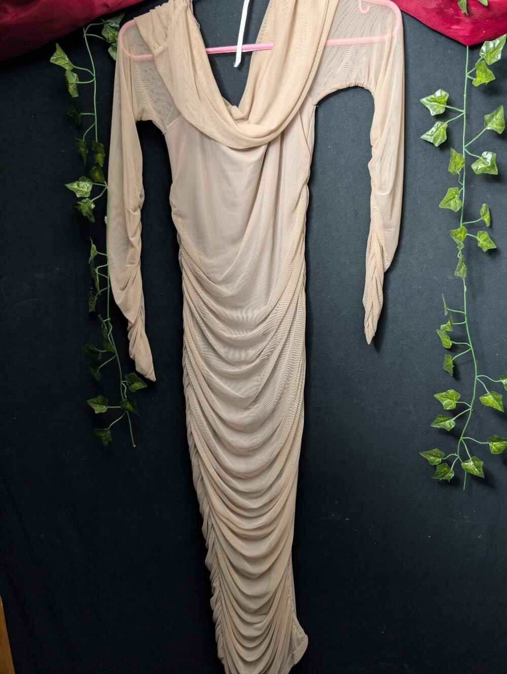 Windsor Beige Cowl Neck Ruched Long Sleeve Maxi Dress